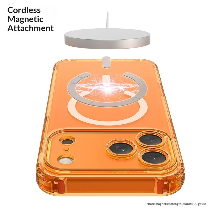 For iPhone 17 Pro Max Magnetic Case TPU Shockproof Clear Phone Cover with Removable Corner Pads Compatible with MagSafe - Transparent Orange