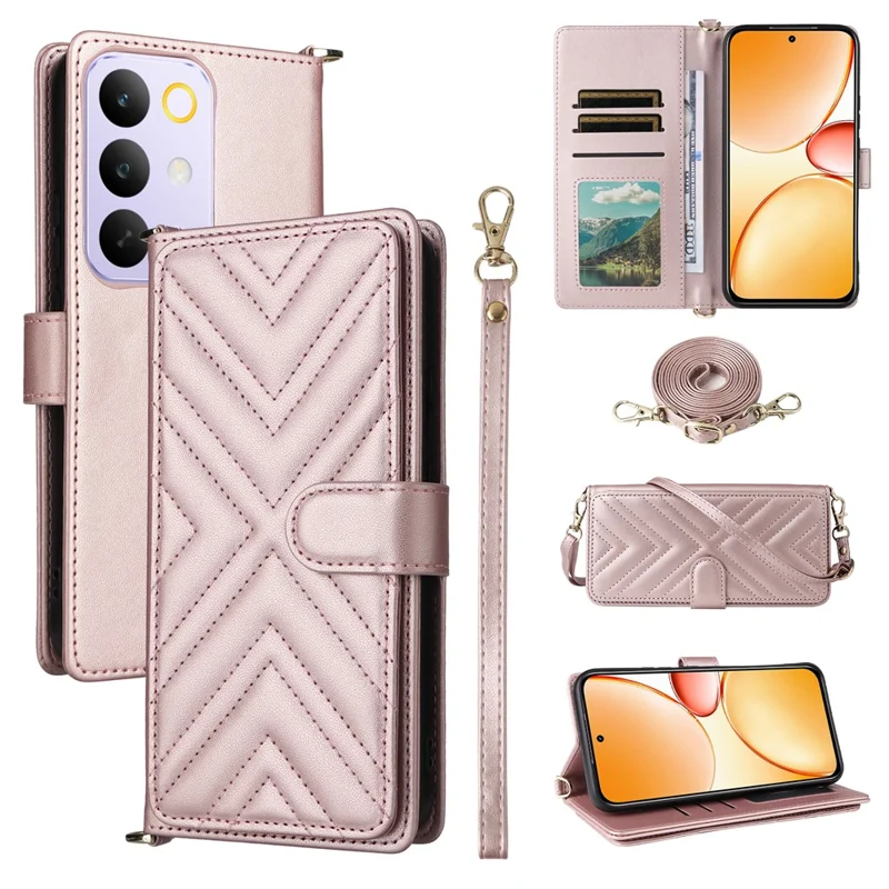 For Realme C85 Pro 4G Leather Case Stand Wallet Phone Cover with Shoulder  /  Wrist Strap - Pink