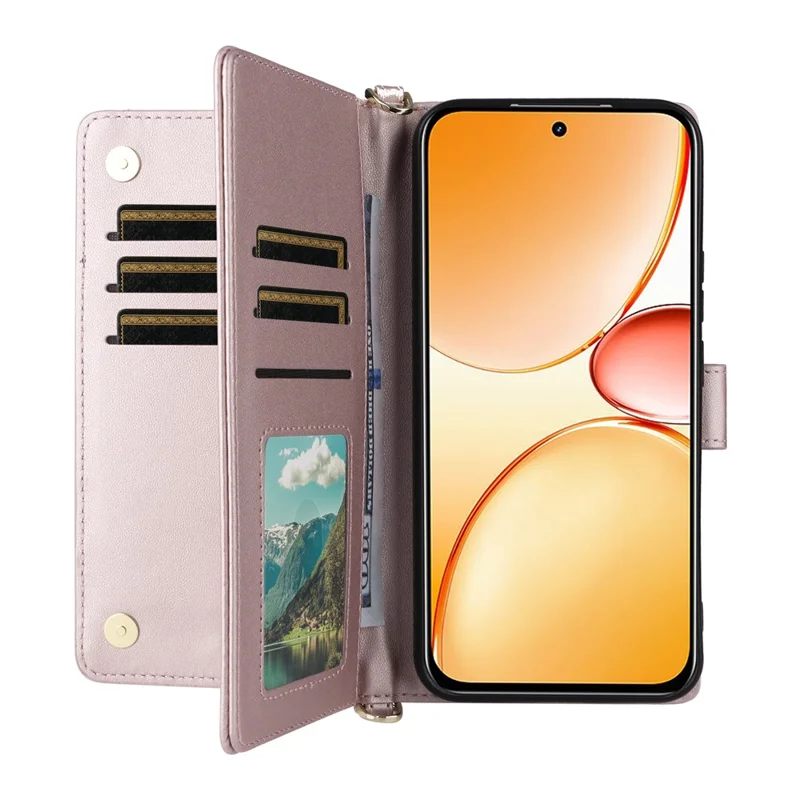 For Realme C85 Pro 4G Leather Case Stand Wallet Phone Cover with Shoulder  /  Wrist Strap - Pink