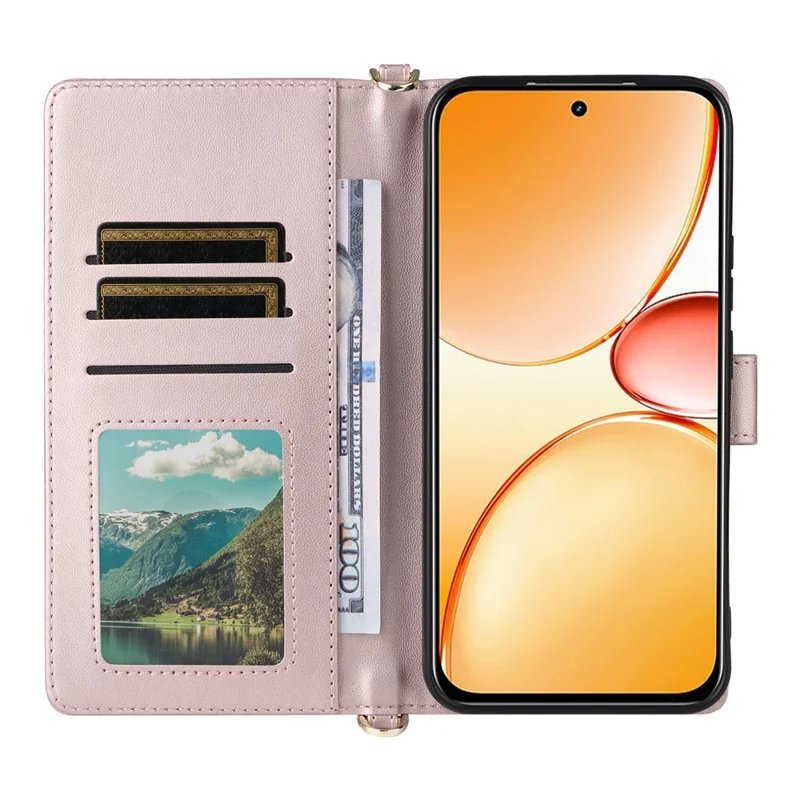 For Realme C85 Pro 4G Leather Case Stand Wallet Phone Cover with Shoulder  /  Wrist Strap - Pink