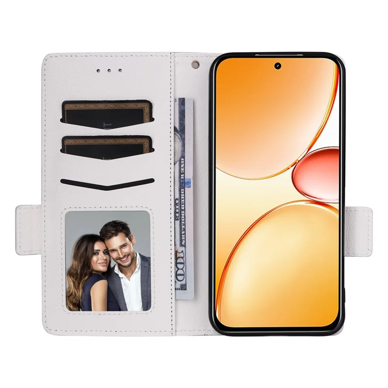 For Realme C85 Pro 4G Case Litchi Texture Wallet Leather Phone Cover with Wrist Strap - White