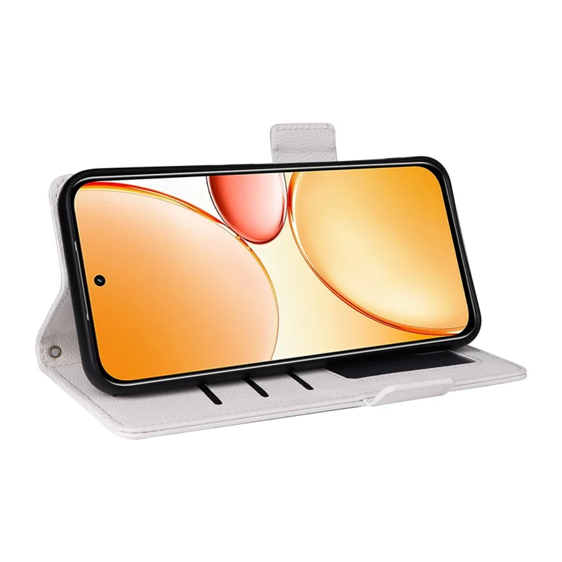 For Realme C85 Pro 4G Case Litchi Texture Wallet Leather Phone Cover with Wrist Strap - White