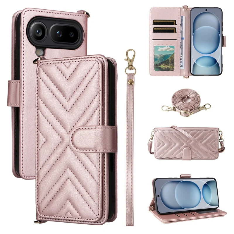 For Honor Magic8 Pro Air 5G Leather Case Stand Wallet Phone Cover with Shoulder  /  Wrist Strap - Pink