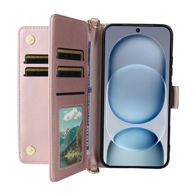 For Honor Magic8 Pro Air 5G Leather Case Stand Wallet Phone Cover with Shoulder  /  Wrist Strap - Pink