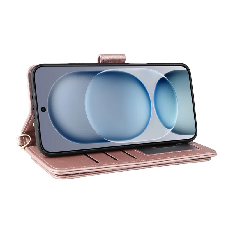 For Honor Magic8 Pro Air 5G Leather Case Stand Wallet Phone Cover with Shoulder  /  Wrist Strap - Pink