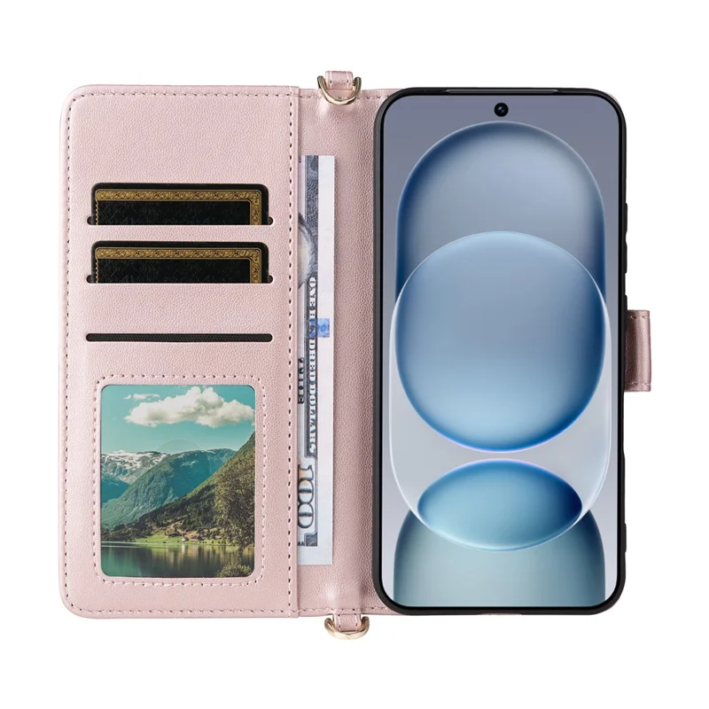 For Honor Magic8 Pro Air 5G Leather Case Stand Wallet Phone Cover with Shoulder  /  Wrist Strap - Pink