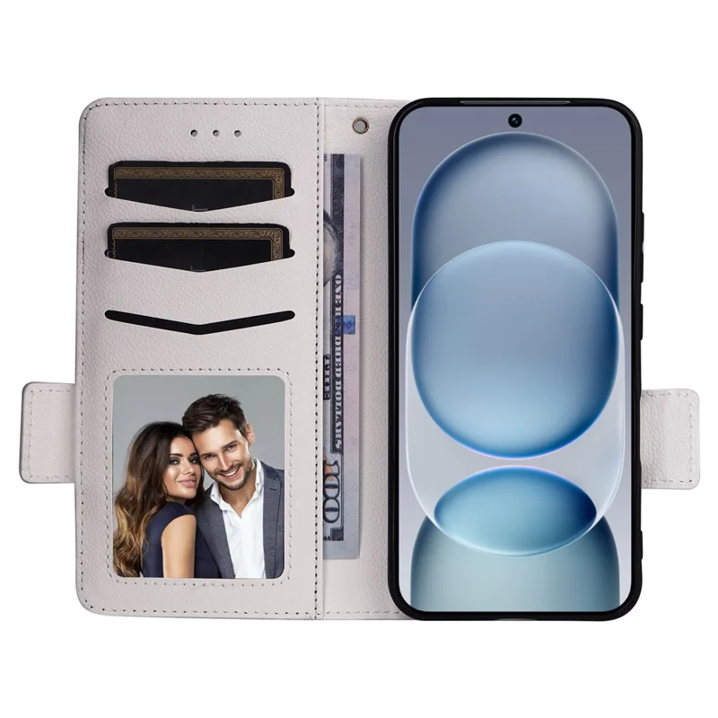 For Honor Magic8 Pro Air 5G Case Litchi Texture Wallet Leather Phone Cover with Wrist Strap - White