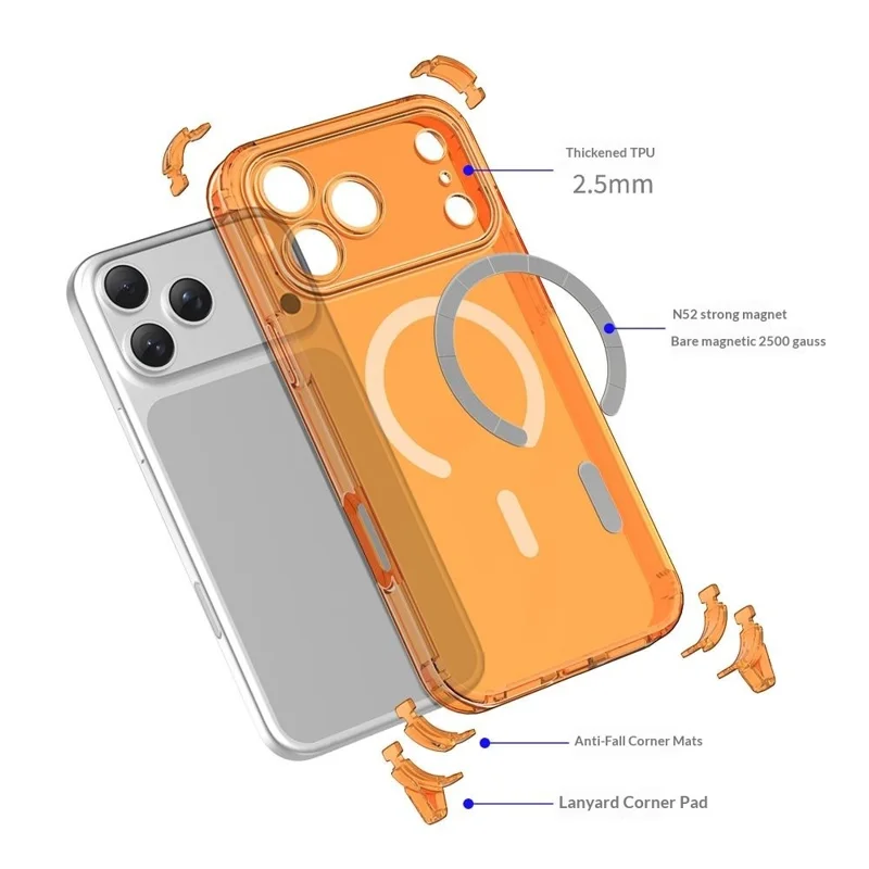 Etui magnetyczne do iPhone 17 Pro, przezroczysta obudowa TPU odporna na wstrząsy z wymiennymi nakładkami kątowymi, kompatybilne z MagSafe - przezroczyste pomarańczowe