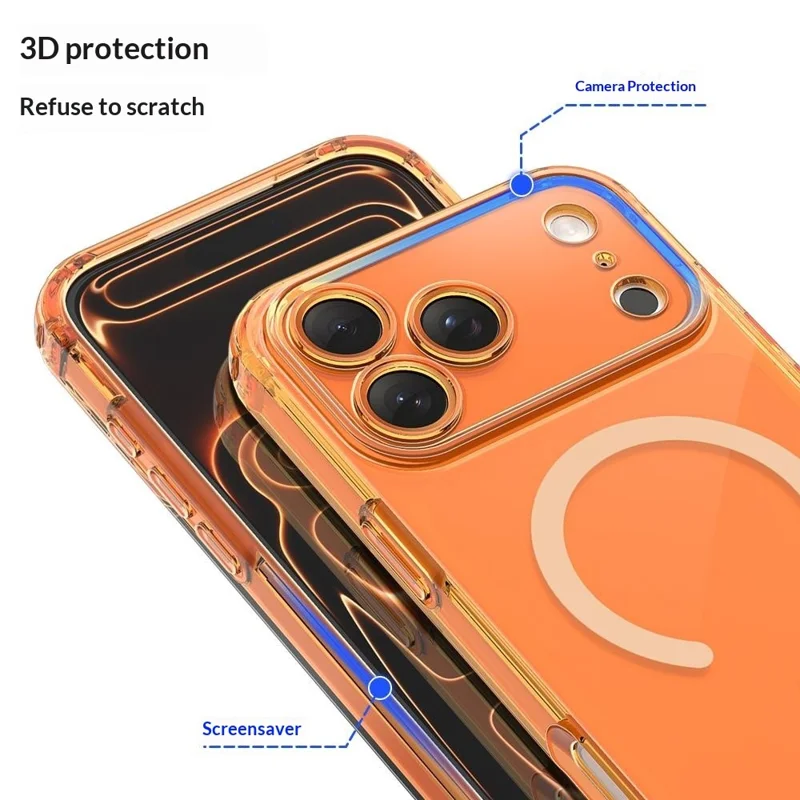 Etui magnetyczne do iPhone 17 Pro, przezroczysta obudowa TPU odporna na wstrząsy z wymiennymi nakładkami kątowymi, kompatybilne z MagSafe - przezroczyste pomarańczowe