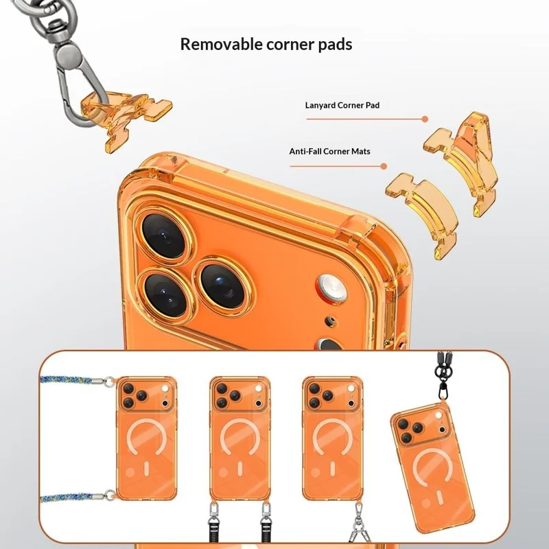 Etui magnetyczne do iPhone 17 Pro, przezroczysta obudowa TPU odporna na wstrząsy z wymiennymi nakładkami kątowymi, kompatybilne z MagSafe - przezroczyste pomarańczowe