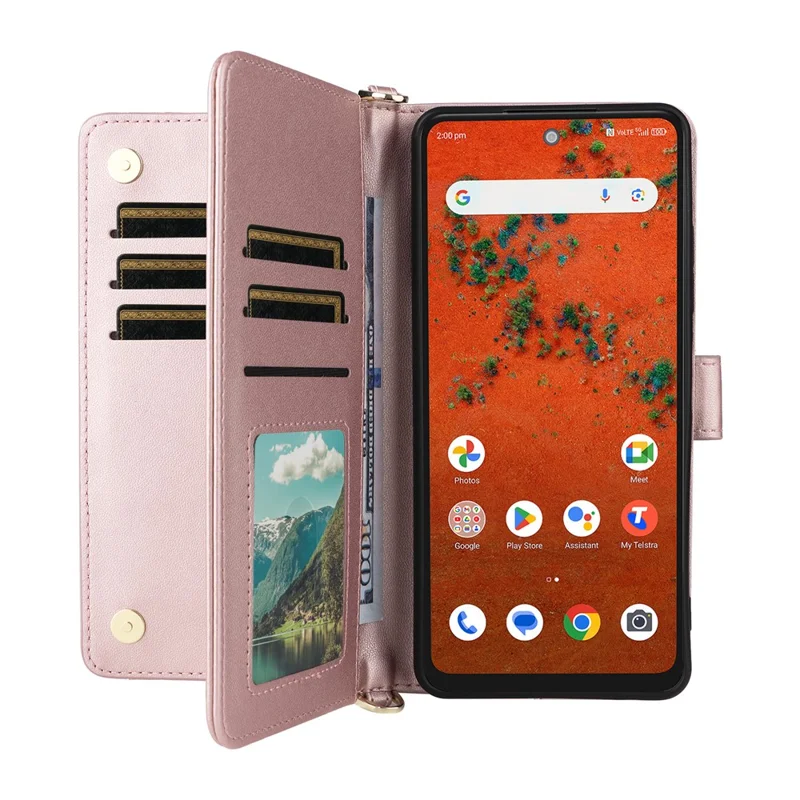 For ZTE Blade A75 Pro 5G / Telstra T-Elite 5G Leather Case Stand Wallet Phone Cover with Shoulder  /  Wrist Strap - Pink