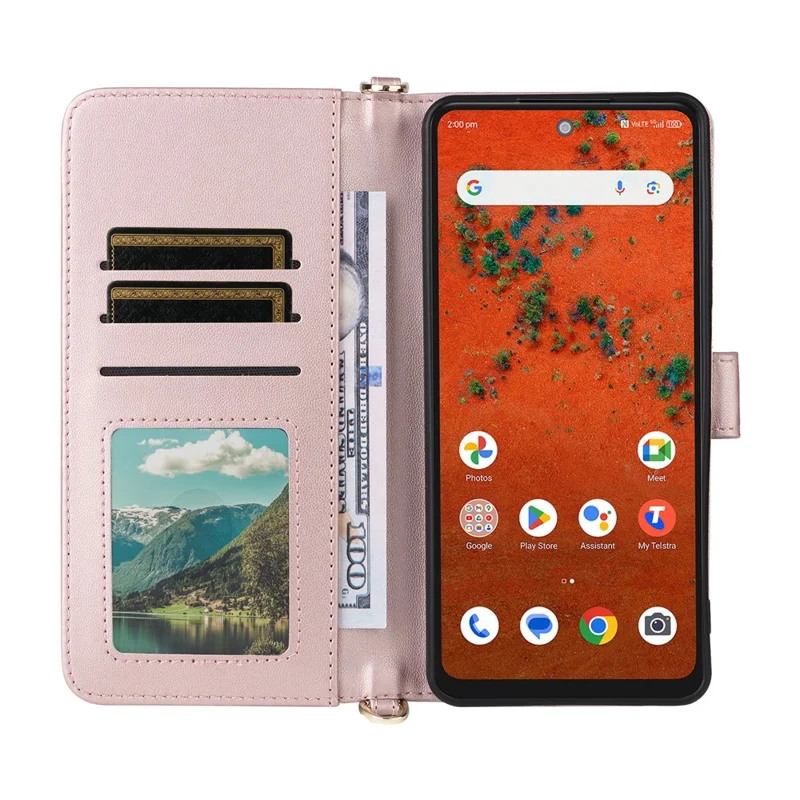 For ZTE Blade A75 Pro 5G / Telstra T-Elite 5G Leather Case Stand Wallet Phone Cover with Shoulder  /  Wrist Strap - Pink