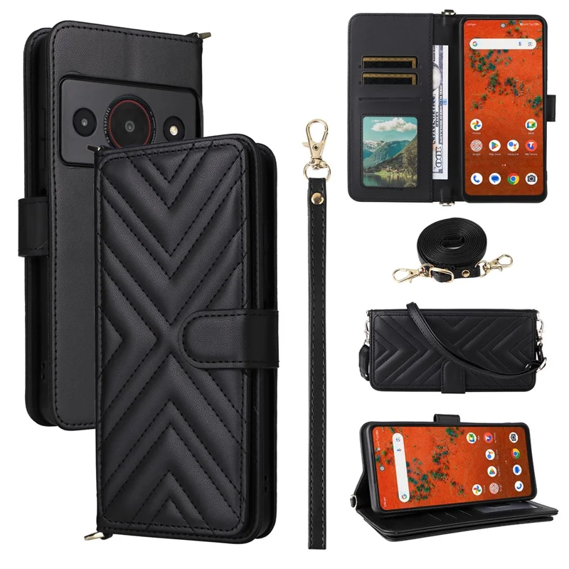 For ZTE Blade A75 Pro 5G / Telstra T-Elite 5G Leather Case Stand Wallet Phone Cover with Shoulder  /  Wrist Strap - Black
