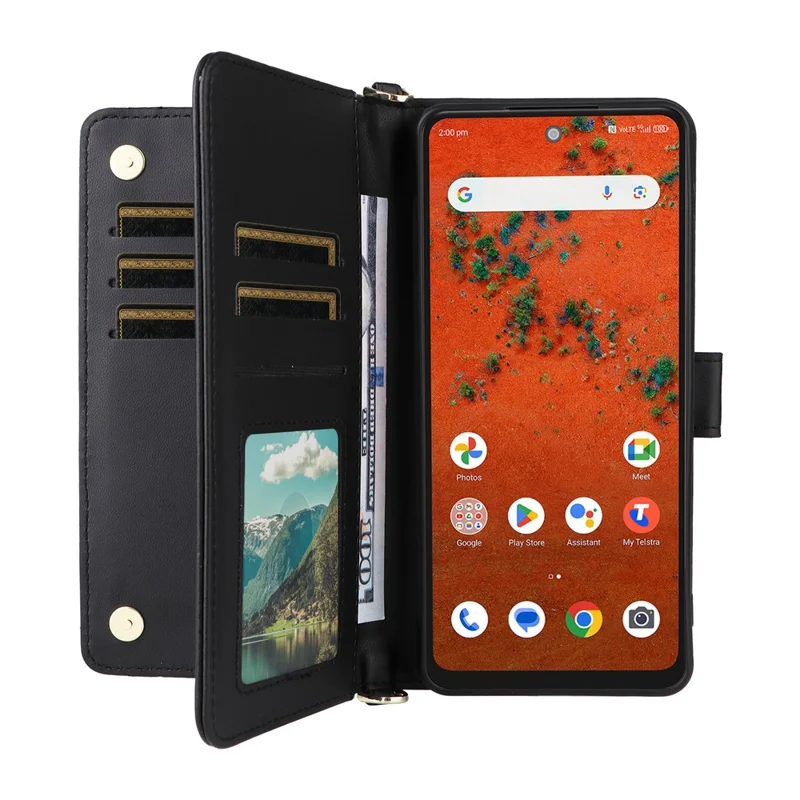 For ZTE Blade A75 Pro 5G / Telstra T-Elite 5G Leather Case Stand Wallet Phone Cover with Shoulder  /  Wrist Strap - Black