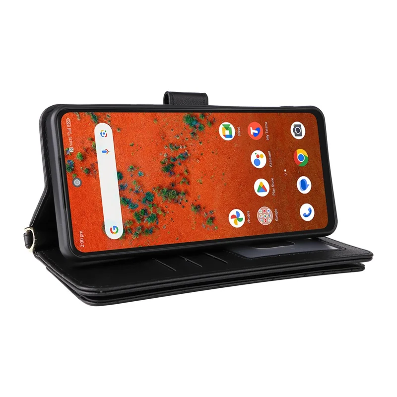 For ZTE Blade A75 Pro 5G / Telstra T-Elite 5G Leather Case Stand Wallet Phone Cover with Shoulder  /  Wrist Strap - Black