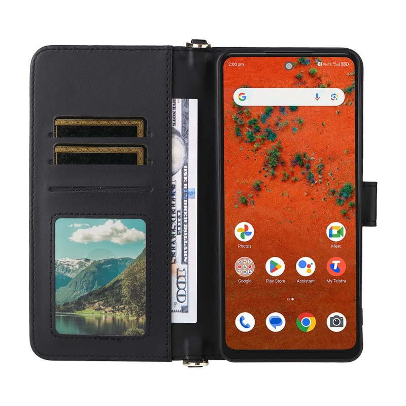 For ZTE Blade A75 Pro 5G / Telstra T-Elite 5G Leather Case Stand Wallet Phone Cover with Shoulder  /  Wrist Strap - Black