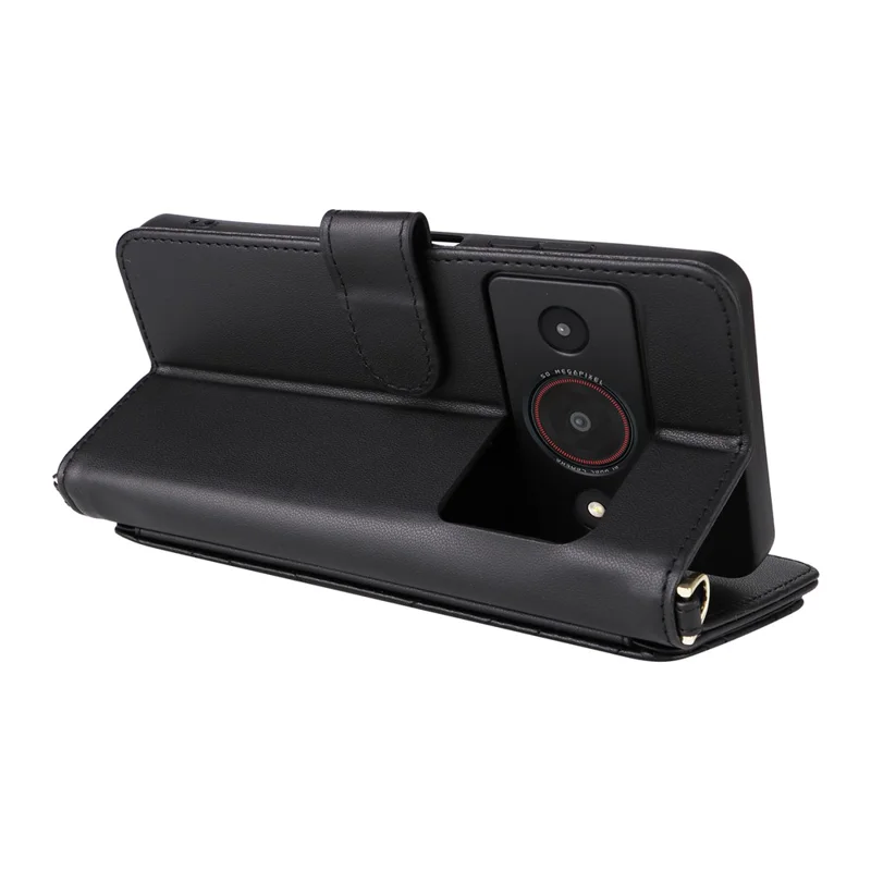 For ZTE Blade A75 Pro 5G / Telstra T-Elite 5G Leather Case Stand Wallet Phone Cover with Shoulder  /  Wrist Strap - Black
