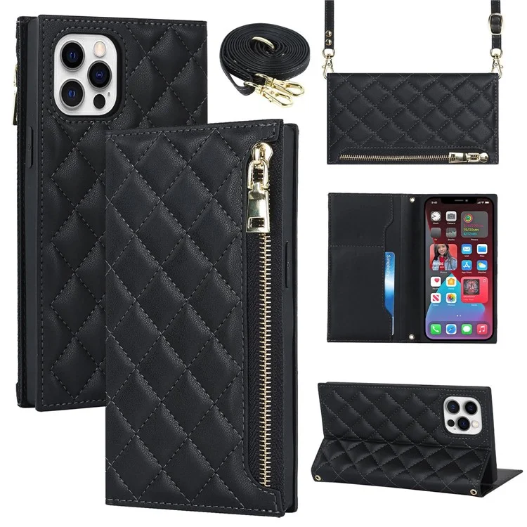 For iPhone 12 Pro Max 6.7 inch Rhombus Imprinted Zipper Pocket Phone Case PU Leather Wallet Stand Cover with Shoulder Strap - Black