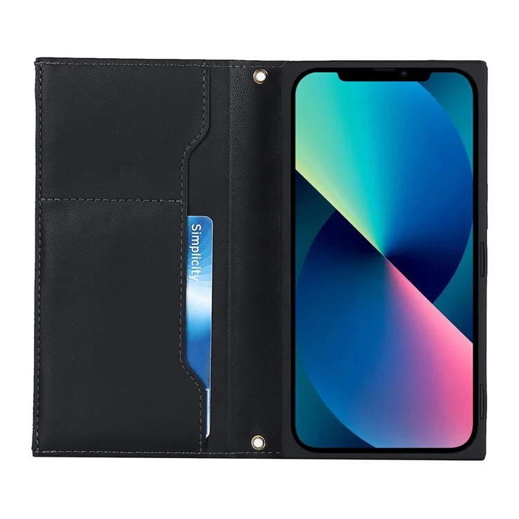 For iPhone 12 Pro Max 6.7 inch Rhombus Imprinted Zipper Pocket Phone Case PU Leather Wallet Stand Cover with Shoulder Strap - Black
