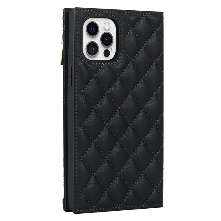 For iPhone 12 Pro Max 6.7 inch Rhombus Imprinted Zipper Pocket Phone Case PU Leather Wallet Stand Cover with Shoulder Strap - Black