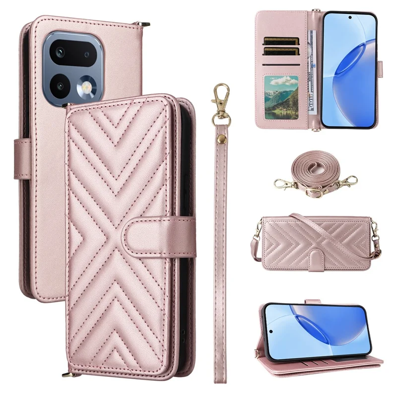 For Realme 16 Pro 5G Leather Case Stand Wallet Phone Cover with Shoulder / Wrist Strap - Pink