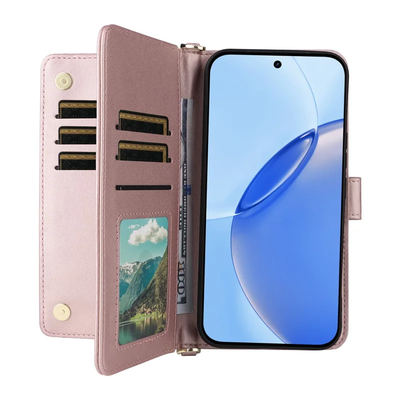 For Realme 16 Pro 5G Leather Case Stand Wallet Phone Cover with Shoulder / Wrist Strap - Pink