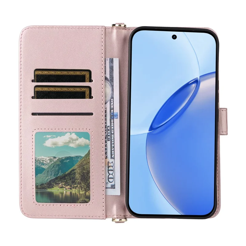 For Realme 16 Pro 5G Leather Case Stand Wallet Phone Cover with Shoulder / Wrist Strap - Pink