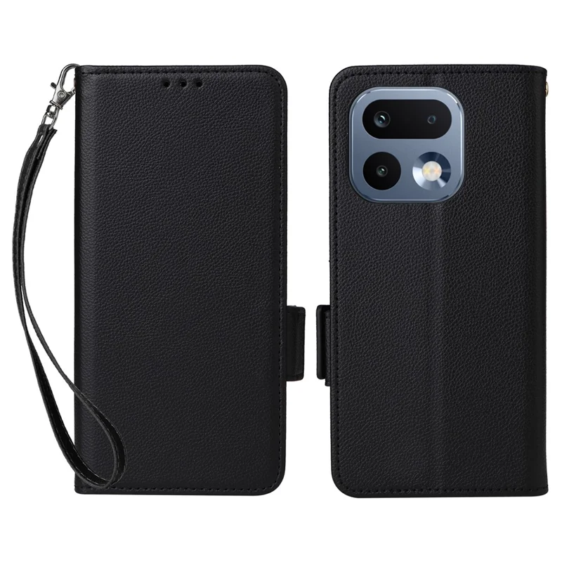 For Realme 16 Pro 5G Case Litchi Texture Wallet Leather Phone Cover with Wrist Strap - Black