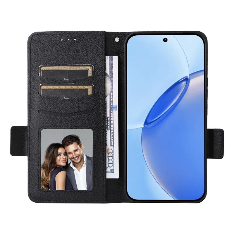 For Realme 16 Pro 5G Case Litchi Texture Wallet Leather Phone Cover with Wrist Strap - Black