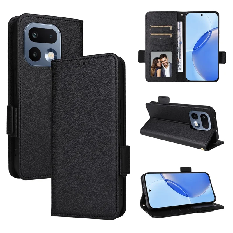 For Realme 16 Pro 5G Case Litchi Texture Wallet Leather Phone Cover with Wrist Strap - Black