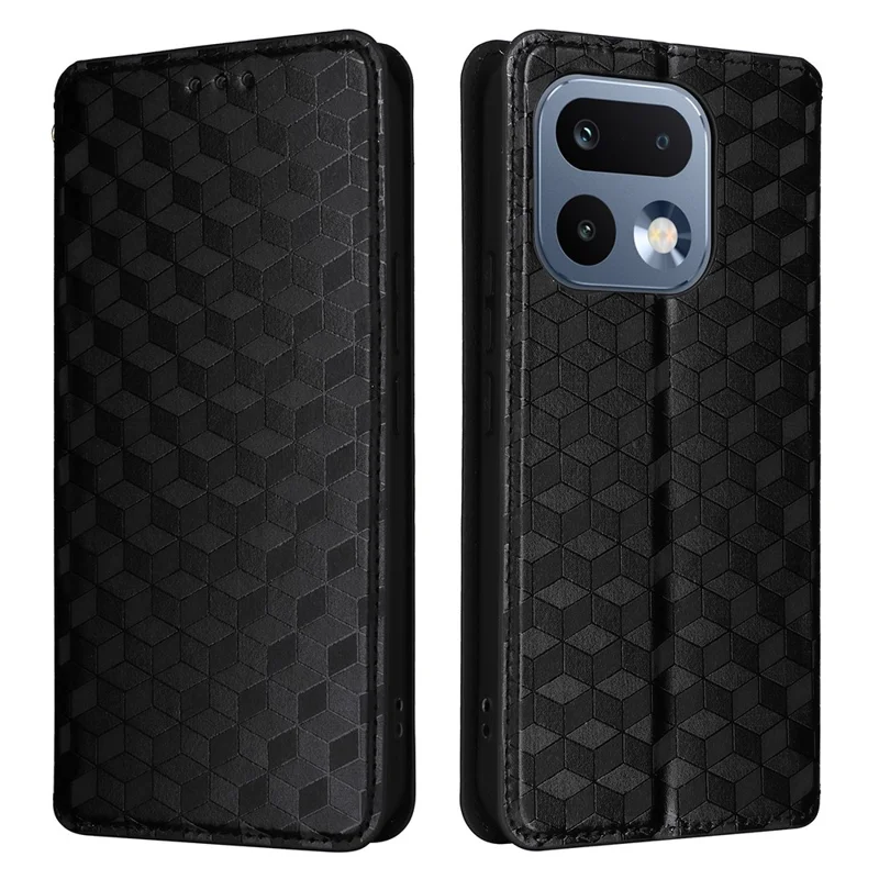 For Realme 16 Pro 5G Case Wallet Rhombus Imprinted PU Leather Phone Cover - Black