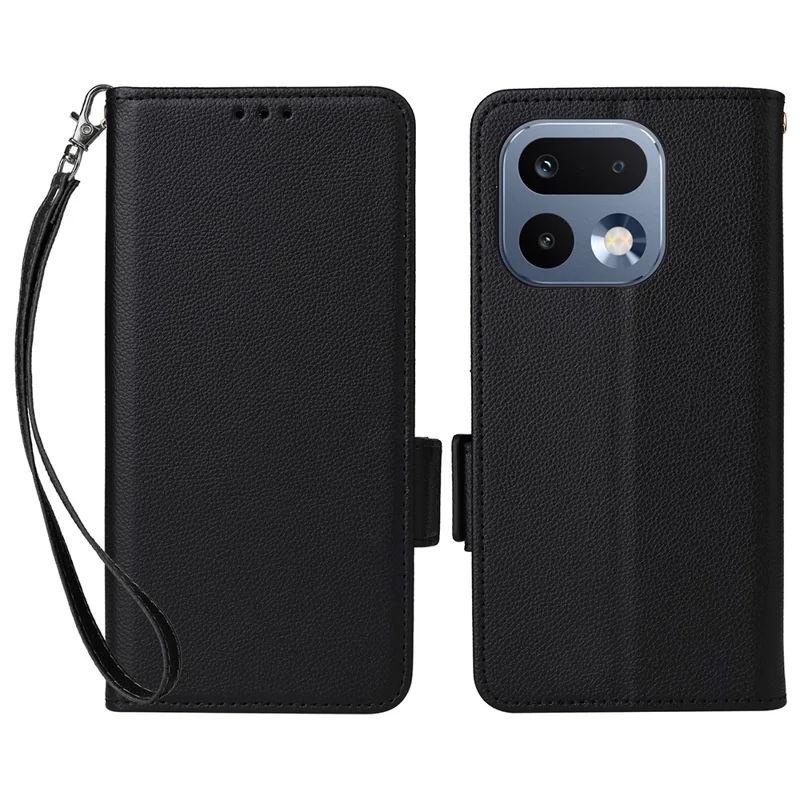 For Realme 16 Pro+ 5G Case Litchi Texture Wallet Leather Phone Cover with Wrist Strap - Black