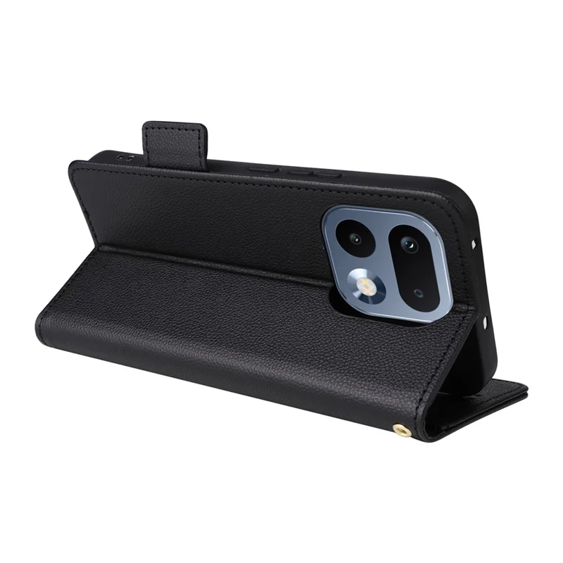 For Realme 16 Pro+ 5G Case Litchi Texture Wallet Leather Phone Cover with Wrist Strap - Black