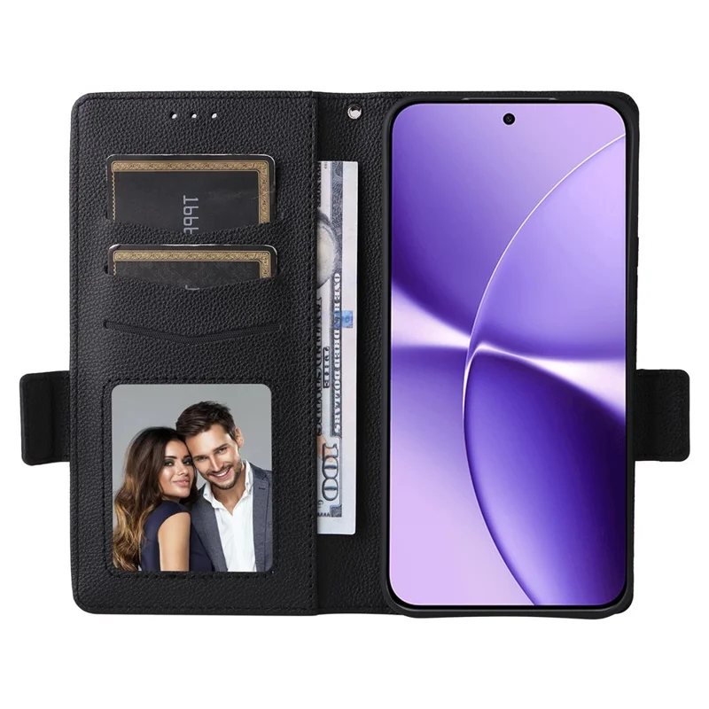 Funda de cuero con textura de lichi para teléfono móvil Xiaomi Poco X8 Pro Max 5G / Redmi Turbo 5 Max 5G, con función de billetera y correa para la muñeca - Negro