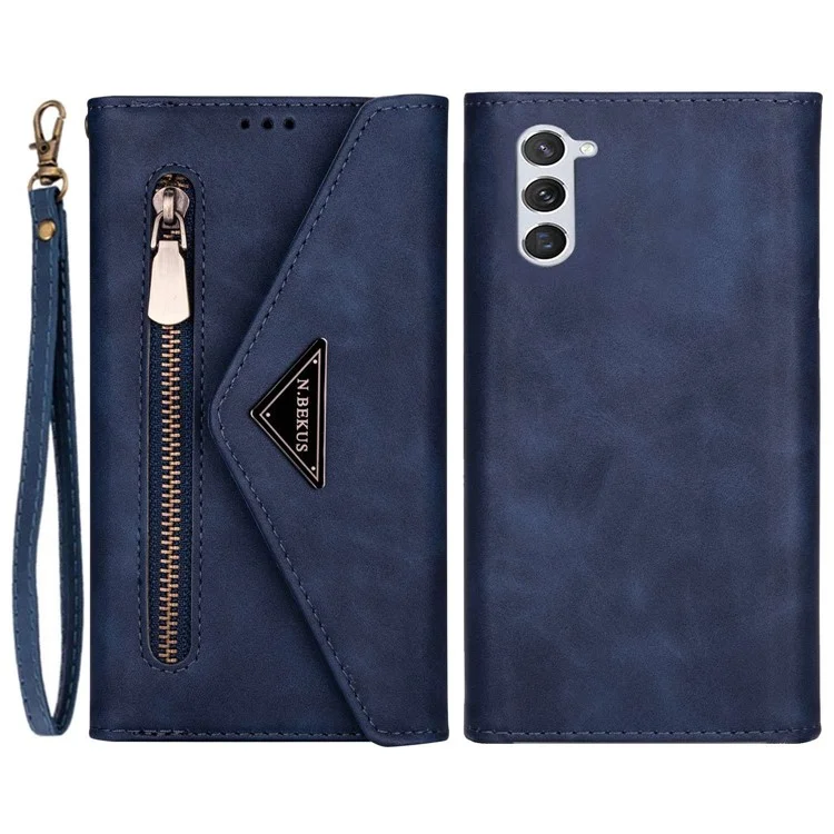 For Samsung Galaxy S23+ Zipper Pocket PU Leather Case Wallet Stand Skin-touch Feeling Phone Cover with Short + Long Strap - Blue