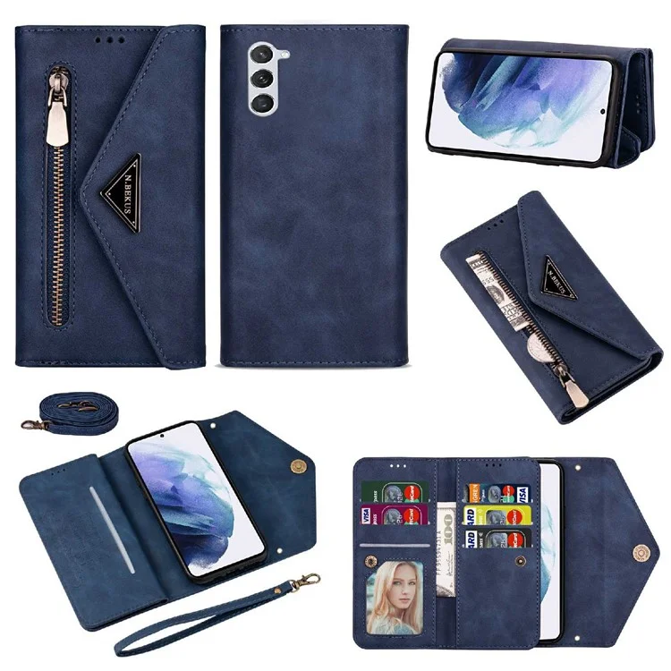For Samsung Galaxy S23+ Zipper Pocket PU Leather Case Wallet Stand Skin-touch Feeling Phone Cover with Short + Long Strap - Blue