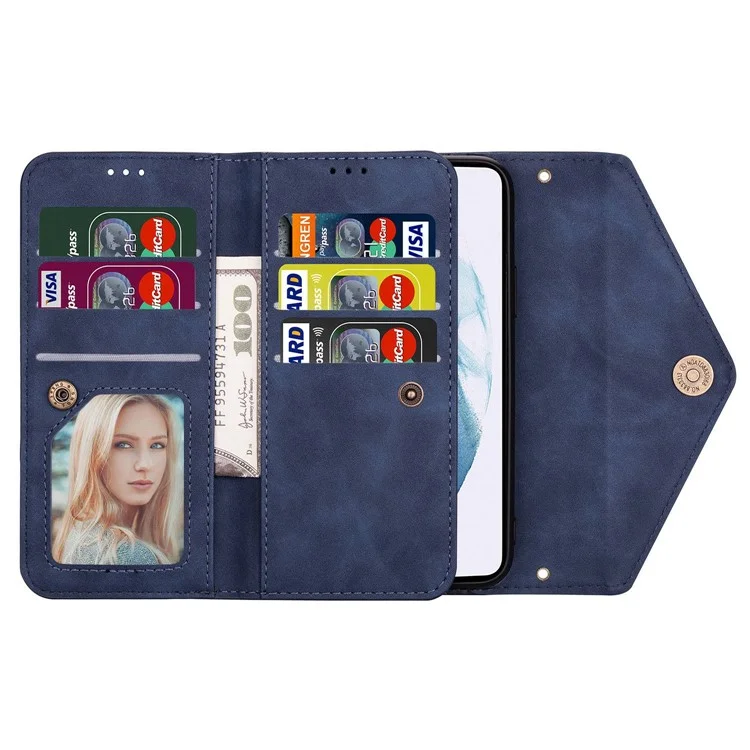 For Samsung Galaxy S23+ Zipper Pocket PU Leather Case Wallet Stand Skin-touch Feeling Phone Cover with Short + Long Strap - Blue