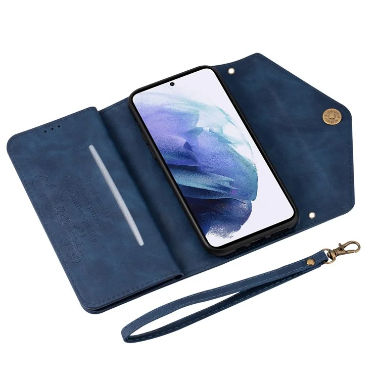 For Samsung Galaxy S23+ Zipper Pocket PU Leather Case Wallet Stand Skin-touch Feeling Phone Cover with Short + Long Strap - Blue