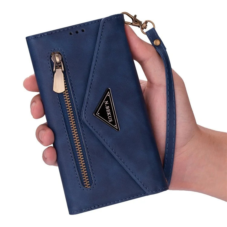 For Samsung Galaxy S23+ Zipper Pocket PU Leather Case Wallet Stand Skin-touch Feeling Phone Cover with Short + Long Strap - Blue