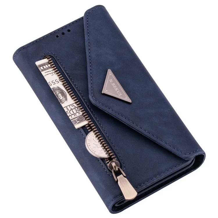 For Samsung Galaxy S23+ Zipper Pocket PU Leather Case Wallet Stand Skin-touch Feeling Phone Cover with Short + Long Strap - Blue