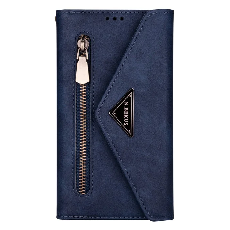 For Samsung Galaxy S23+ Zipper Pocket PU Leather Case Wallet Stand Skin-touch Feeling Phone Cover with Short + Long Strap - Blue
