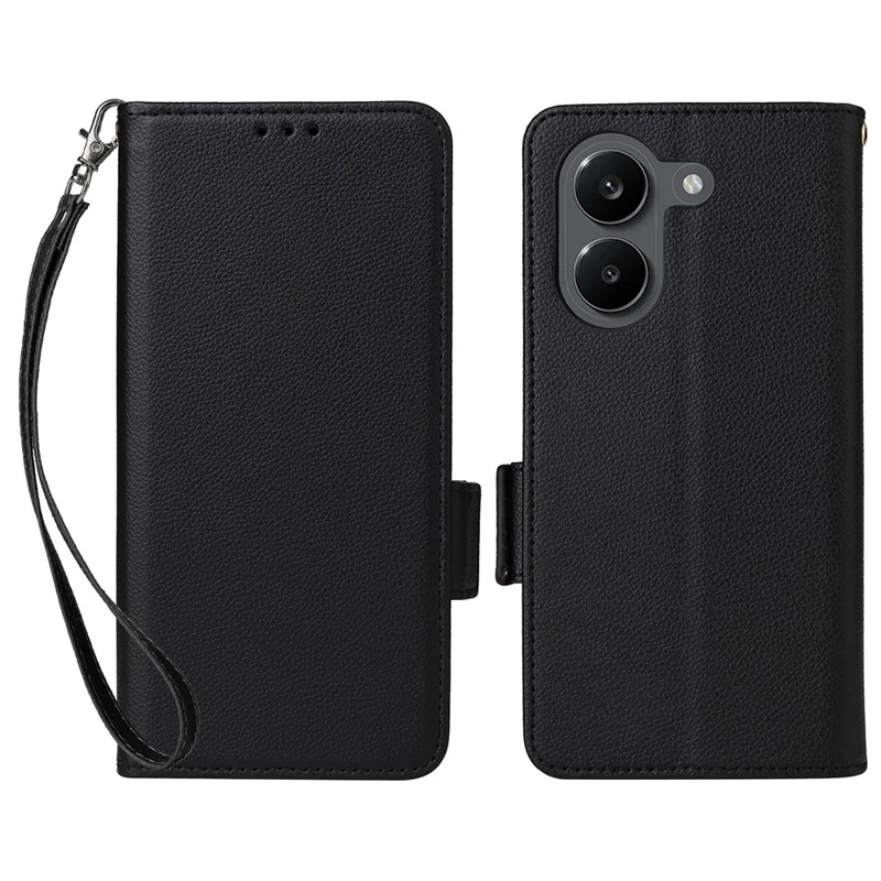 Capa de Telemóvel com Textura de Lichia para Xiaomi Poco X8 Pro 5G / Redmi Turbo 5 5G, Capa Carteira em Pele com Alça de Pulso - Preto