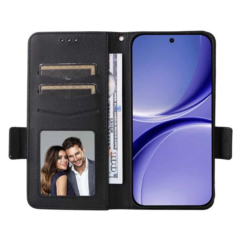 Capa de Telemóvel com Textura de Lichia para Xiaomi Poco X8 Pro 5G / Redmi Turbo 5 5G, Capa Carteira em Pele com Alça de Pulso - Preto