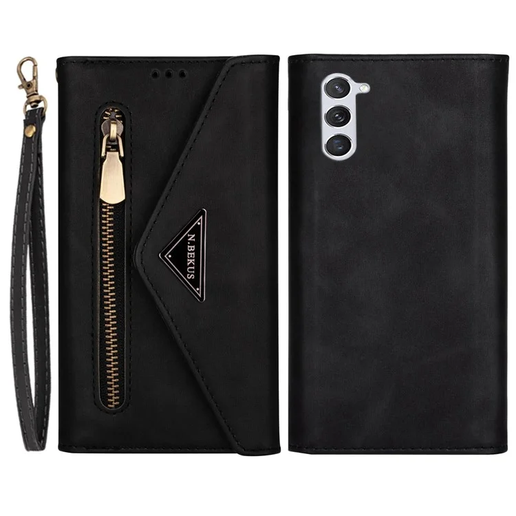 Pour Samsung Galaxy S23 Skin-touch Feeling PU Leather Phone Case Zipper Pocket Wallet Stand Cover avec Courte + Longue Sangle - Noir