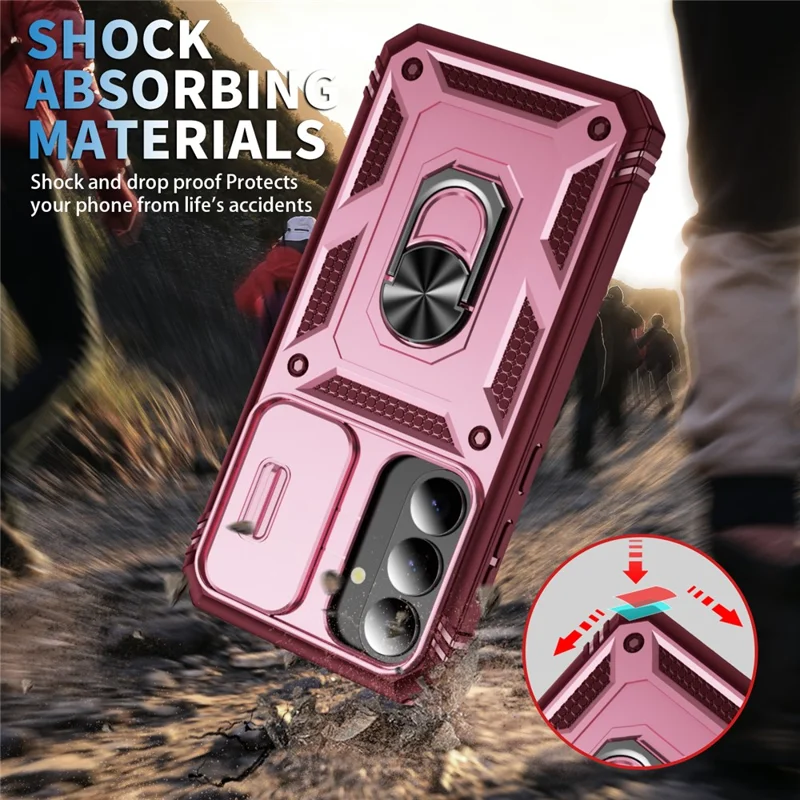 For Samsung Galaxy S26+ Case TPU + PC Slide Camshield Kickstand Phone Cover - Dark Red