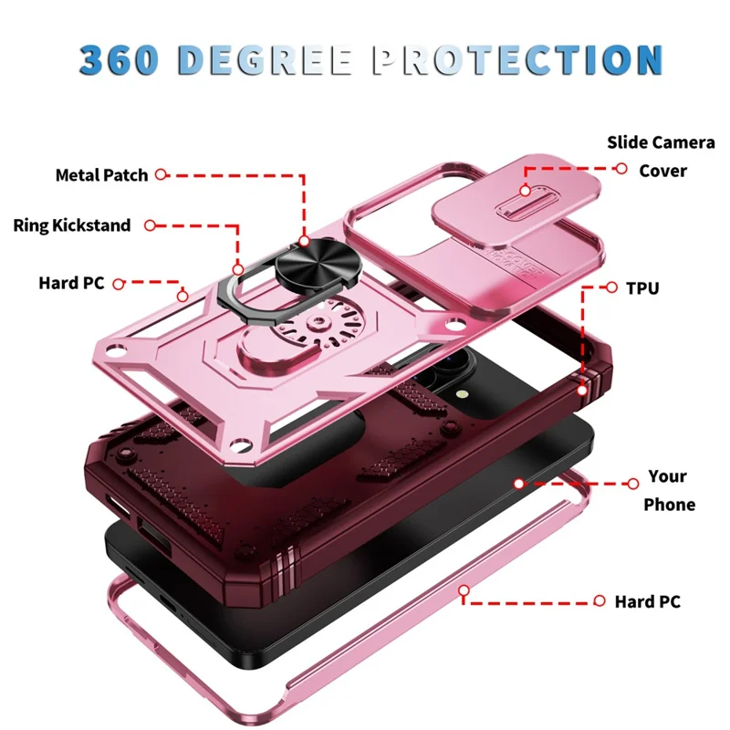 For Samsung Galaxy S26+ Case TPU + PC Slide Camshield Kickstand Phone Cover - Dark Red