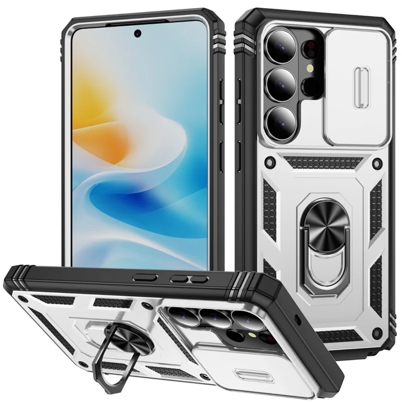 For Samsung Galaxy S26 Ultra Case TPU + PC Slide Camshield Kickstand Phone Cover - White