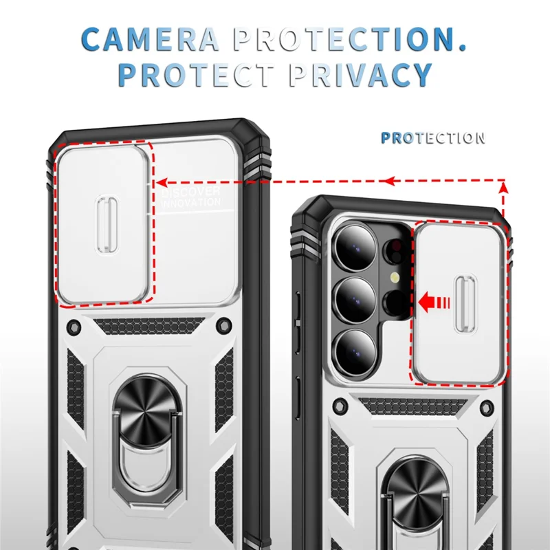 For Samsung Galaxy S26 Ultra Case TPU + PC Slide Camshield Kickstand Phone Cover - White