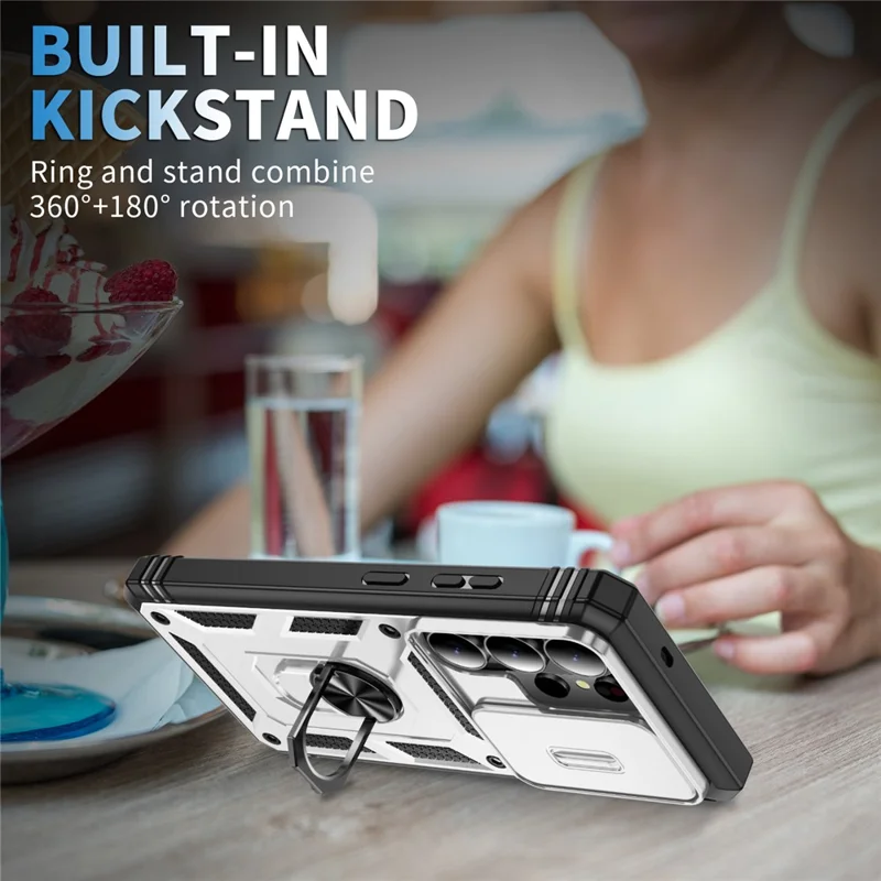 For Samsung Galaxy S26 Ultra Case TPU + PC Slide Camshield Kickstand Phone Cover - White