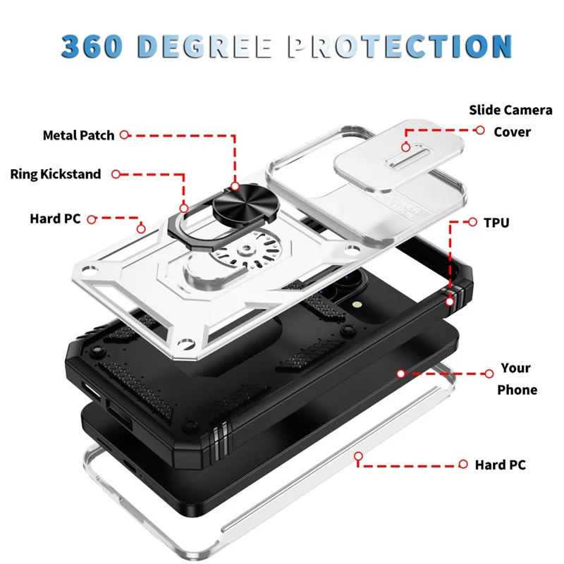 For Samsung Galaxy S26 Case TPU + PC Slide Camshield Kickstand Phone Cover - White